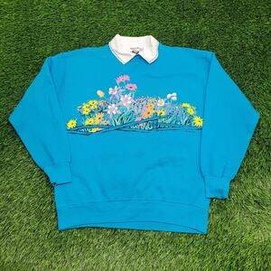 Vintage 1990 Floral Flower Sweatshirt Womens XL 22x26 Blue
